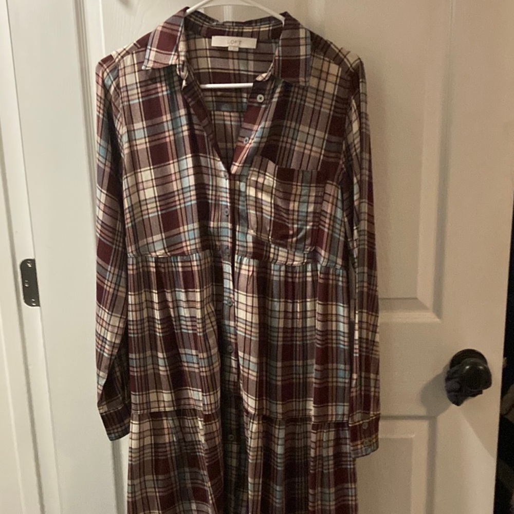 Ann Taylor Loft shirt dress xxsp 32 in long relaxed fit neutral plaid Nashville